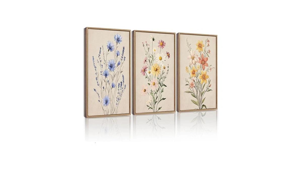 Kuvioke Vintage Wildflower Bouquet Framed Wall Art Color Botanical Flower