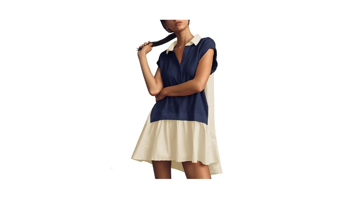 Fisoew Womens Casual Short Sleeve Dress Summer V-neck Loose Patchwork
