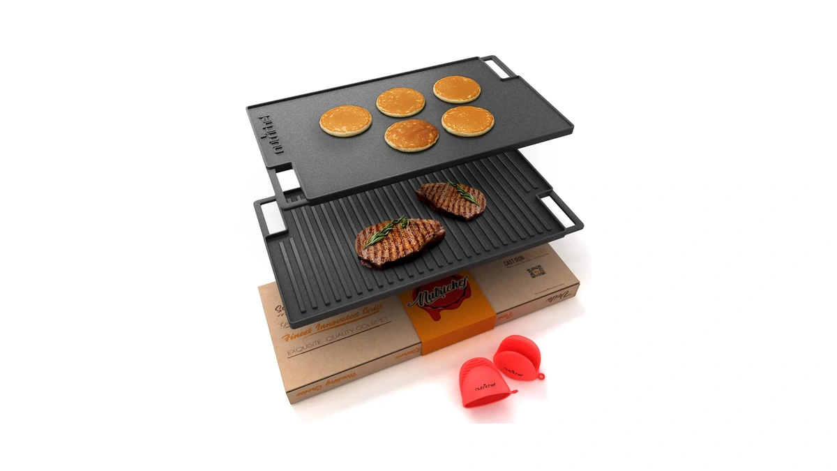 Nutrichef Cast Iron Reversible Griddle 18x10 Inch – Pre-seasoned Flat