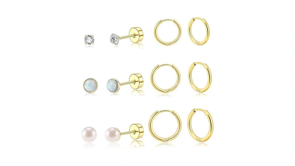 Daili 6 Pairs Stud Hoop Earrings Set, Opal/pearl/cubic Zirconia Stud