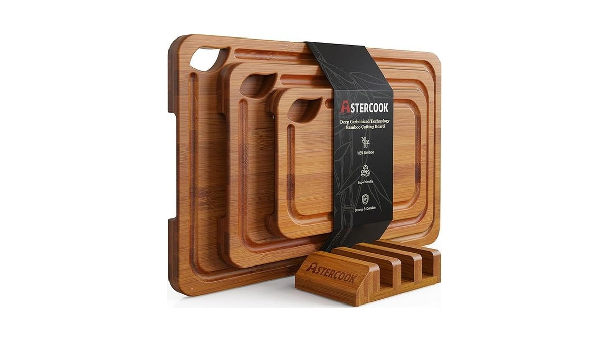 Astercook Deep-carbonized Bamboo Cutting Boards For Kitchen With Wood Storage