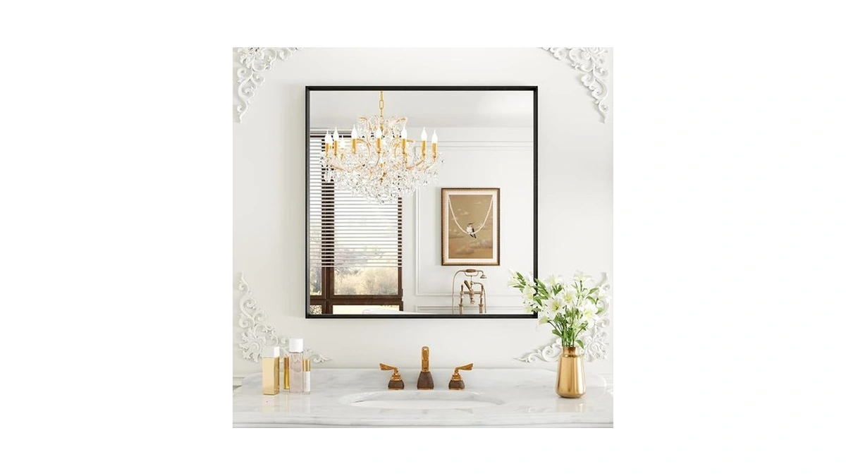 Bathroom Mirror, 36x36 Inch Matte Black Framed Mirror, Rectangular Wall