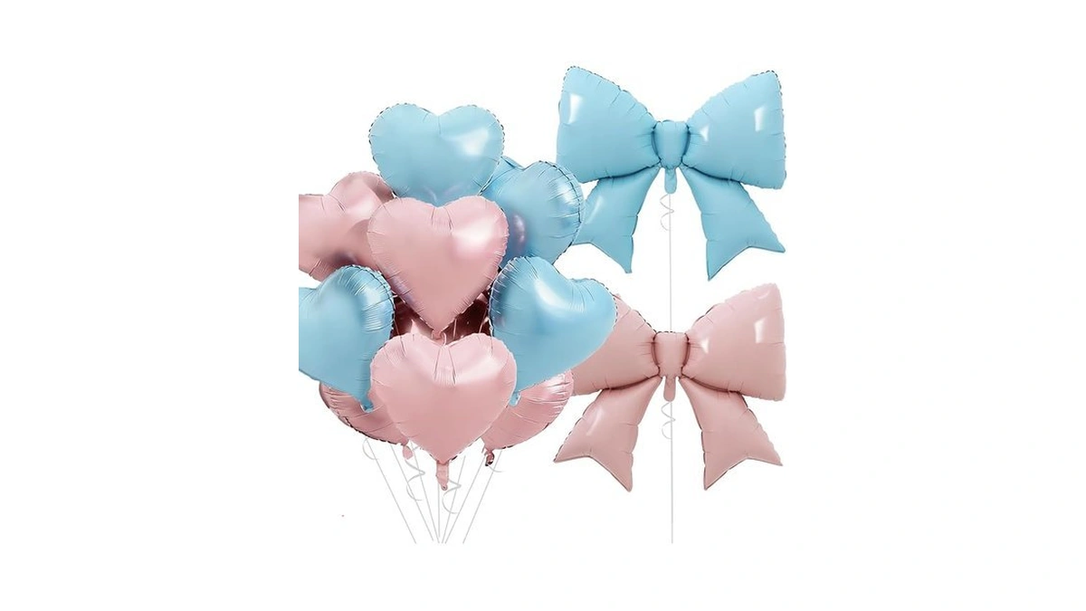 Vuzvuv Pink Blue Heart Balloons Pink Blue Bow Balloons Set,