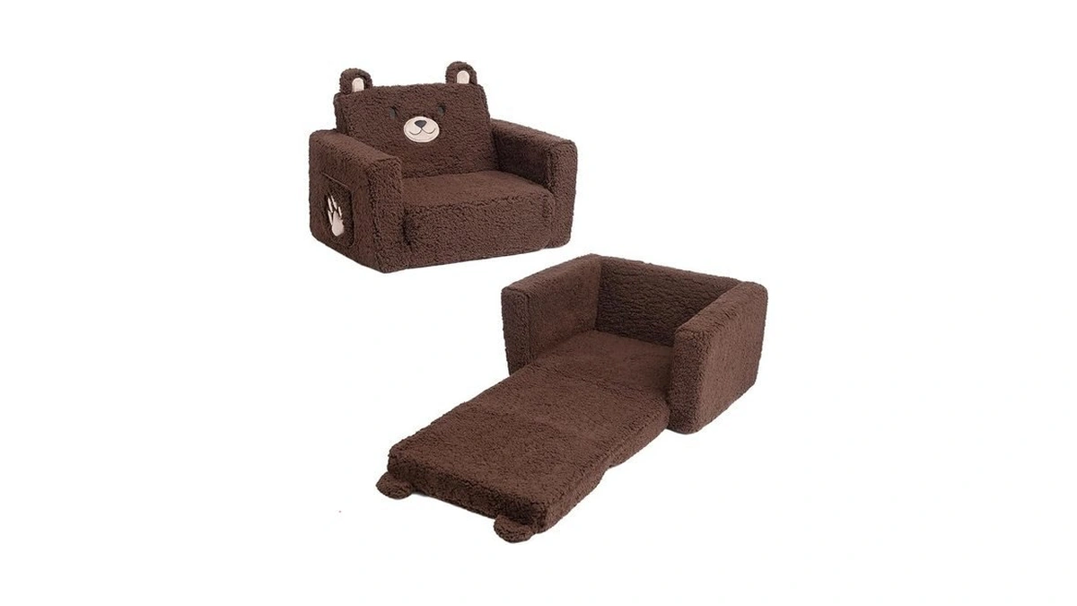 Alimorden Fold Out Toddler Couch, Comfy 2-in-1 Cuddly Sherpa Bear