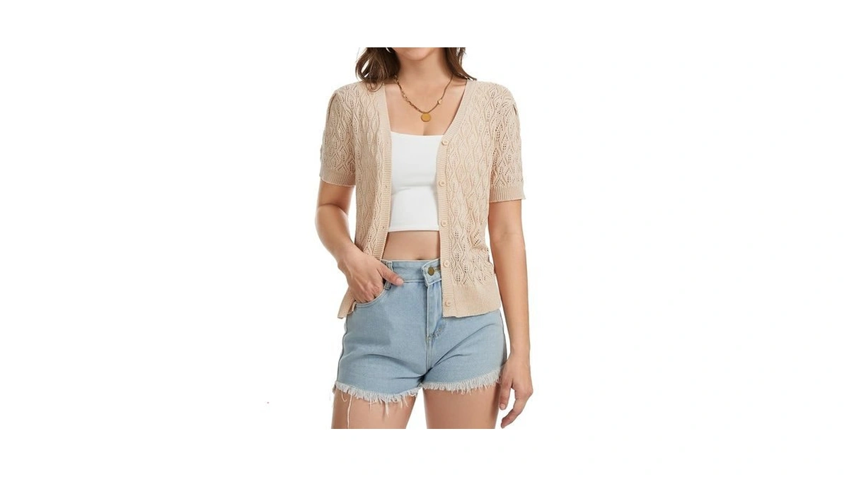 Short Sleeve Crochet Summer Cardigan Lightweight Open Front Cropped Button