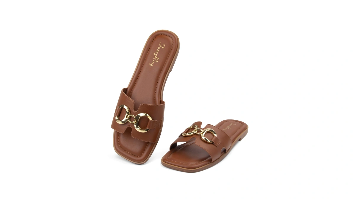Fancyring Women's Flat Sandals Metal Chain Slip On Dressy Slide