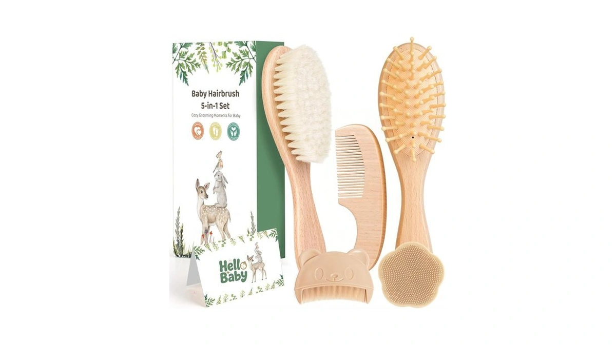 5 Piece Baby Hair Brush Set, Wooden Baby Brush And