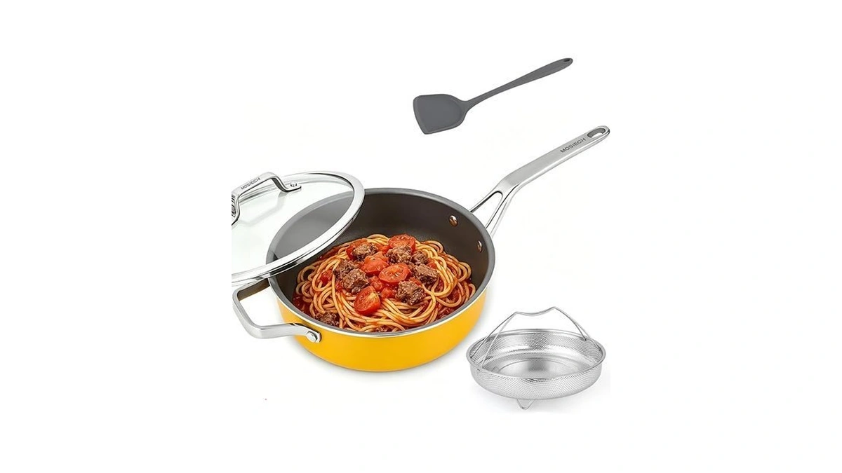10-in-1 Yellow Ceramic Nonstick Deep Saute Pan Set With Steamer