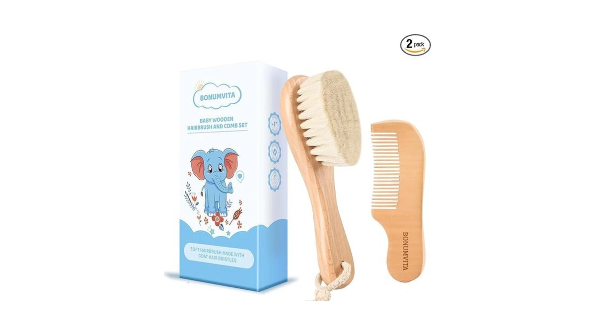 Bonumvita Baby Hair Brush And Comb Set, Wooden Baby Hair