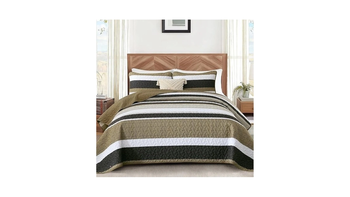Djoymock Quilt Set Queen Size Brown Striped Bedding Set 3