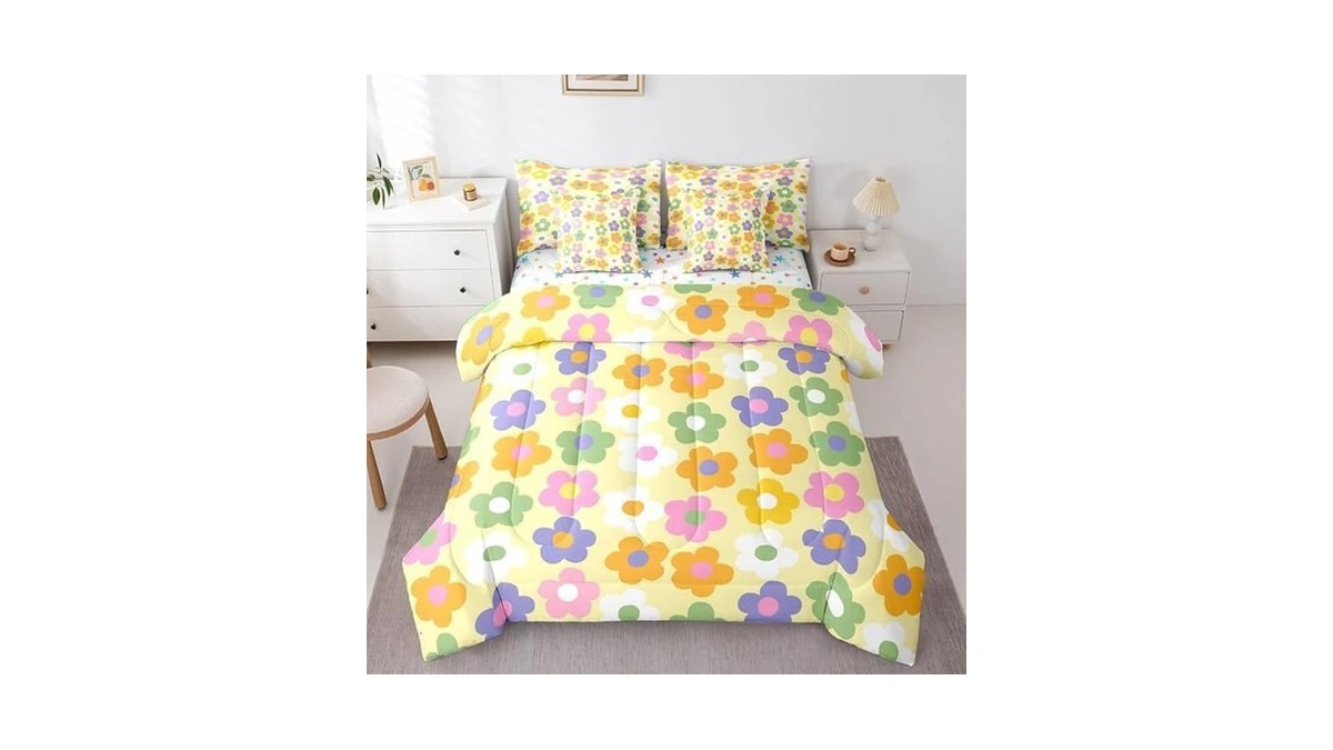 Feelyou Cute Flower 7 Piece Bedding Set Colorful Floral Comforter
