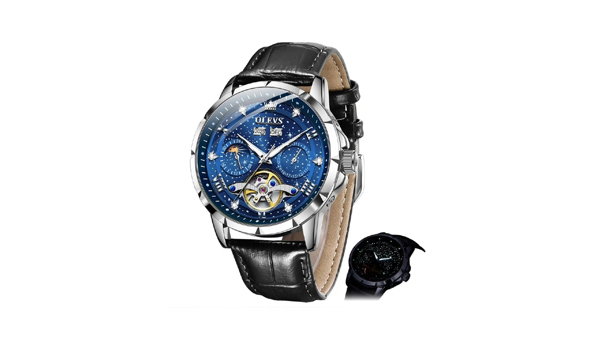 Olevs Mens Automatic Leather Watches Self-winding Starry Sky Diamond Skeleton