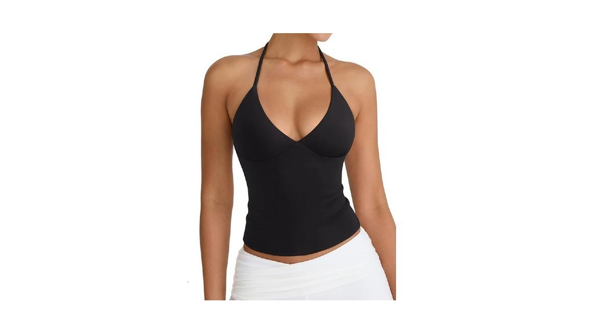 Pinkmstyle Women's Halter Tank Top Open Back Double Lined V