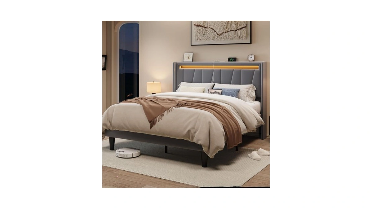 Allewie Queen Size Led Bed Frame With Charging Station, Velvet