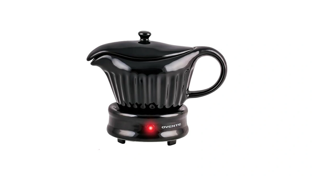 Ovente Electric Gravy Boat Warmer With Ceramic Pot And Lid,