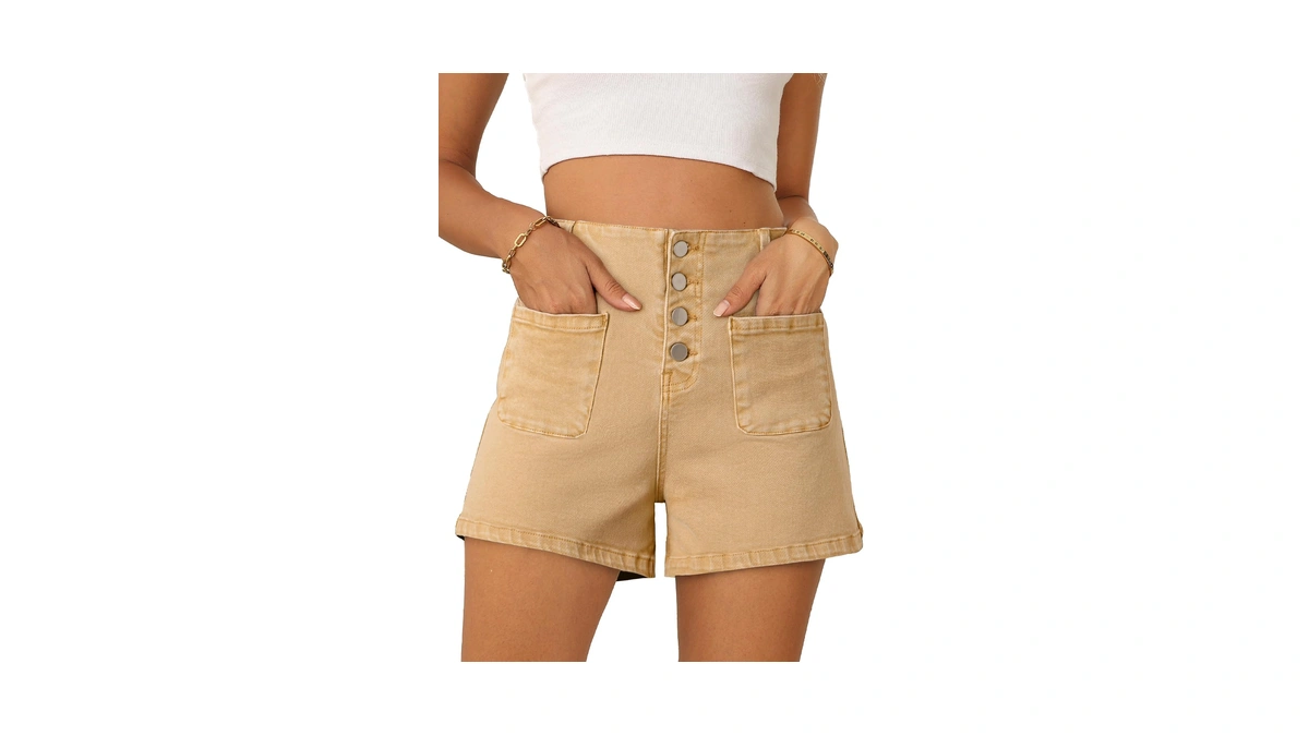 Sidefeel Women's High Waisted Button Fly Summer Jean Shorts Khaki