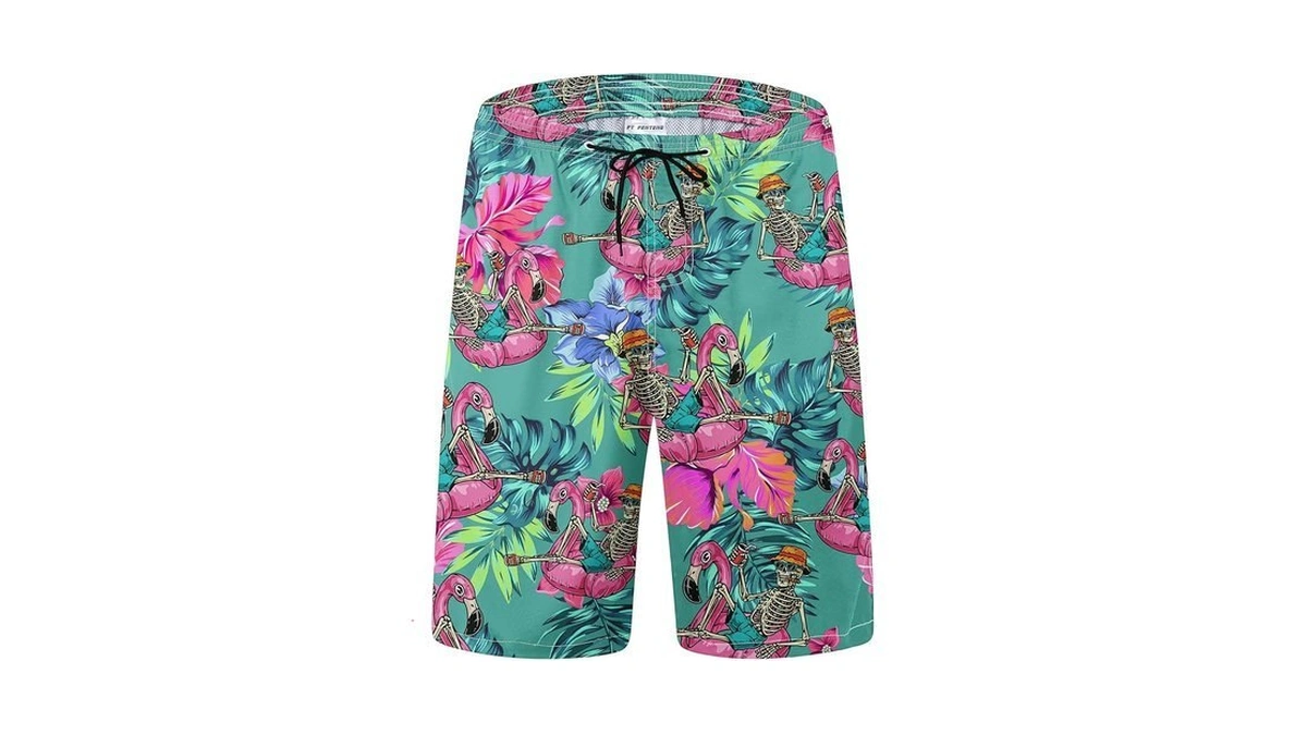 Ft Fenteng Mens Swim Trunks Swimsuits, Green Leaf Skeleton Flamingo