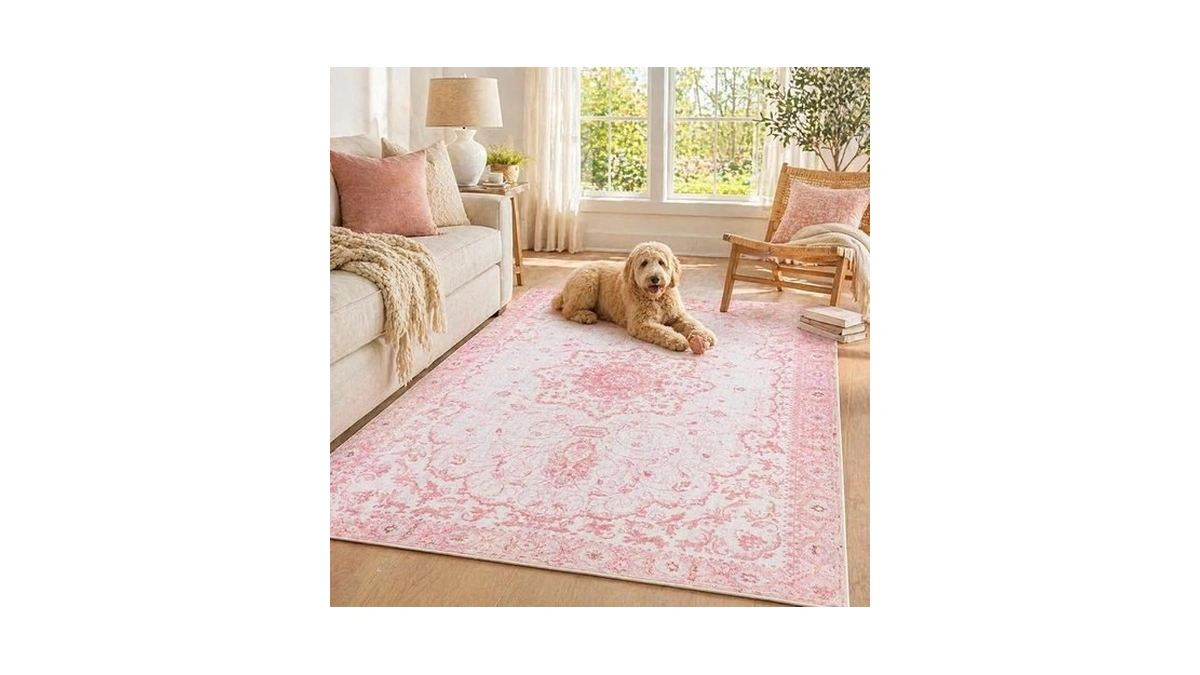 Meiliweser Area Rug - 5x7 Washable Pink Rug Honeycomb Non