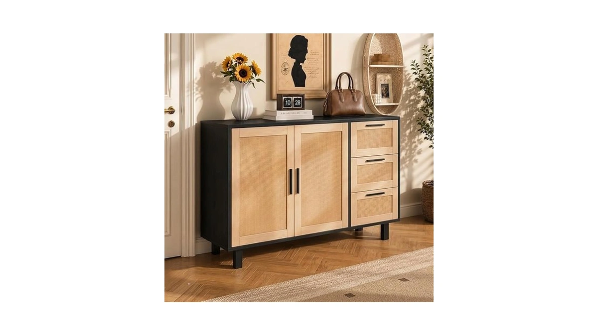 Green Party 47" Black Rattan Sideboard Buffet Cabinet, Coffee Bar