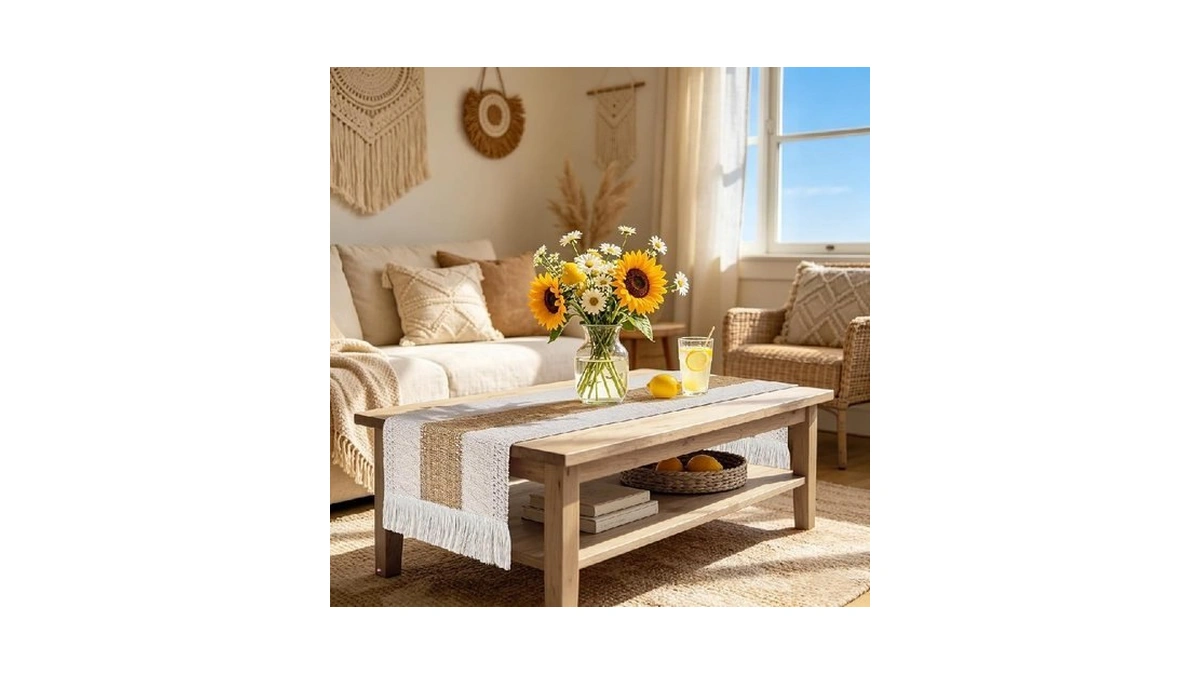 Tiosggd Boho Table Runner Short 48 Inches Long, Summer Coffee