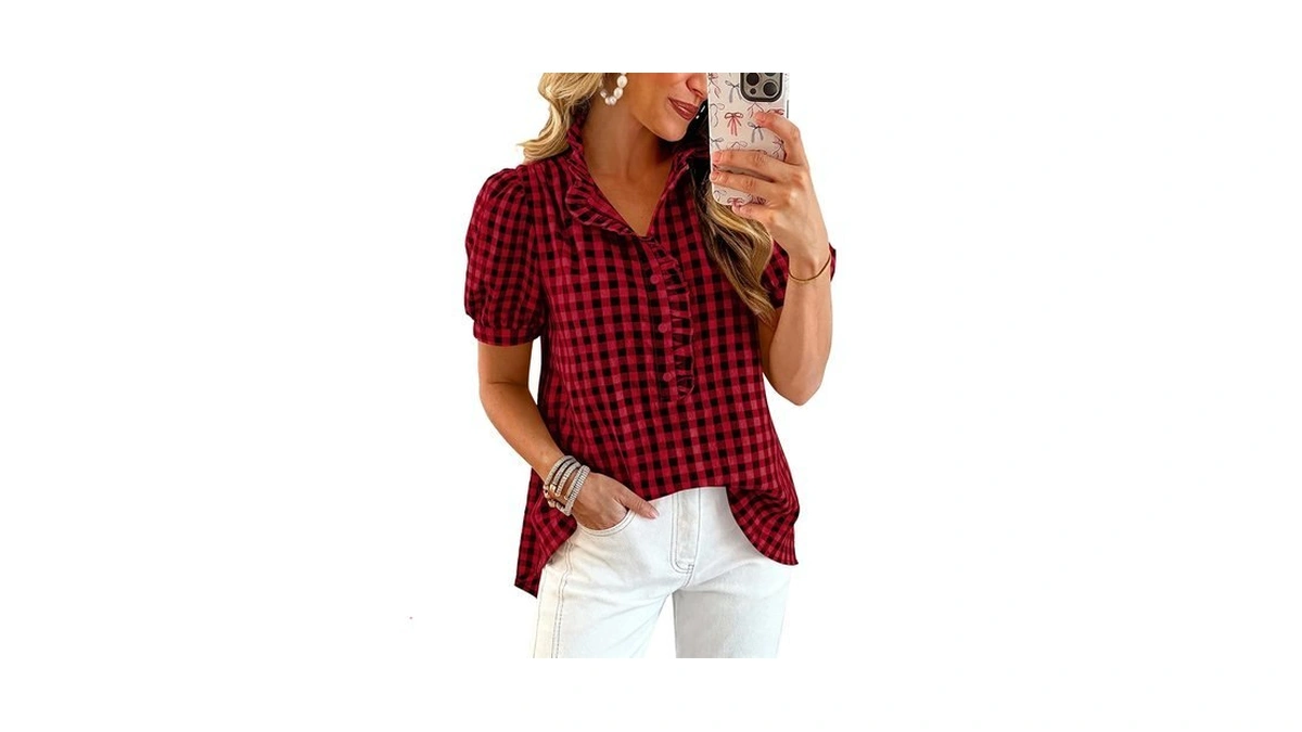 Mascomoda Womens Puff Short Sleeve Summer Tops Striped Plaid Ruffle