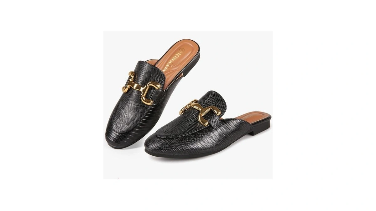 Ignaxis Buckle Black Mules For Women Round Toe Backless Flat