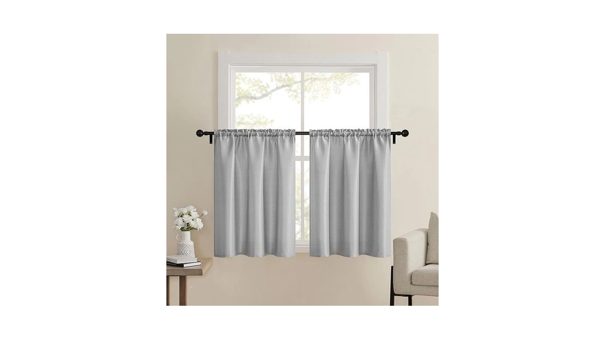 Home Queen Grey Waffle Bathroom Window Curtains, Short Water Repellent