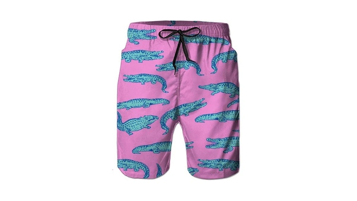Belovecol Swim Trunks Men Tropical Pink Crocodile Print Bathing Suit