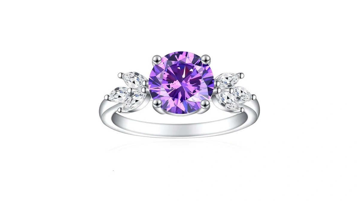 Cijisx Round Birthstone Ring 925 Sterling Silver Simulated Amethyst Ring