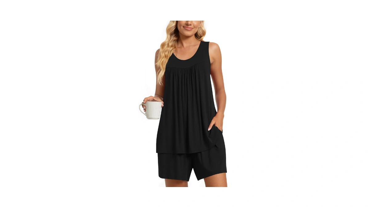 Taohuadao Womens Summer 2 Piece Pajama Sets, Sleeveless Pleated Tunic