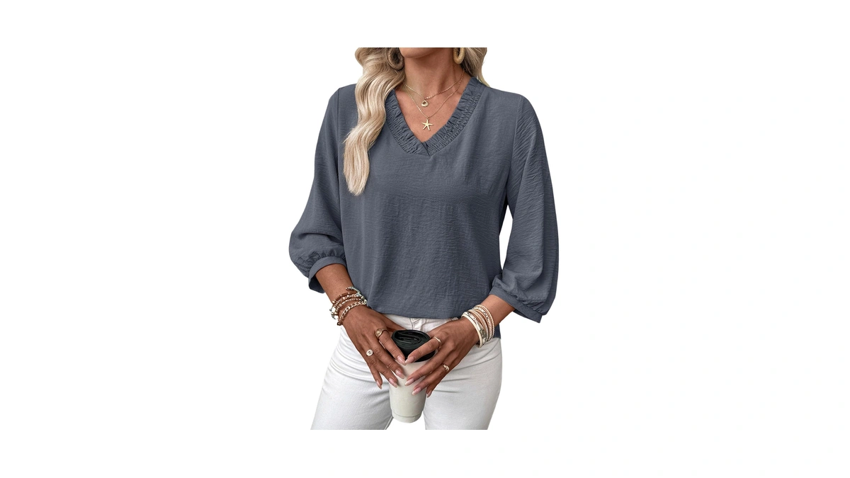 Shewin Women Tops Tunic 3/4 Length Sleeve Shirts Solid Smocked