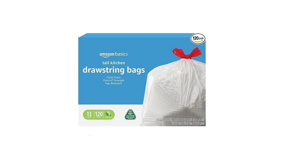 Amazon Basics 13 Gallon Tall Kitchen Drawstring Trash Bags, Flextra