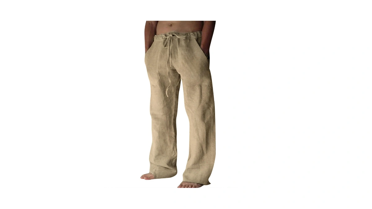 Puimentiua Cotton Linen Pants Men Casual Loose Fit Elastic Drawstring