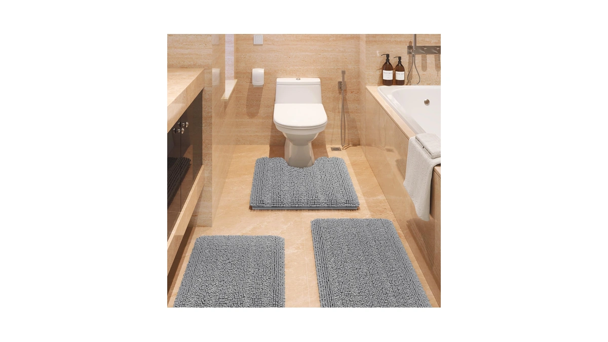 Accumtek Striped Light Grey Bathroom Rug Set 3 Pieces Gray