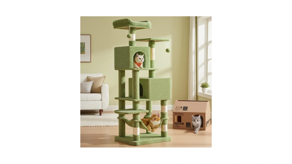 Feandrea Cat Tree, 59.5-inch Tall Cat Tower, Plush Multi-level Condo