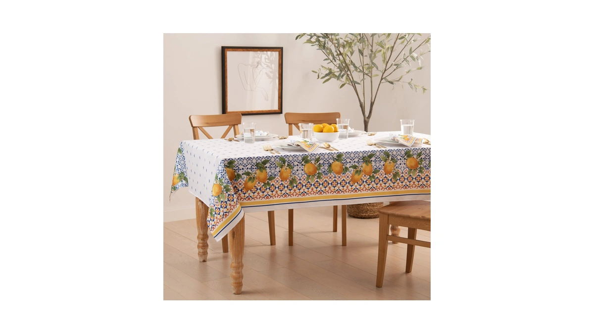 Elrene Home Fashions Capri Lemon Double-bordered Mediterranean Spring/summer Fabric Tablecloth,