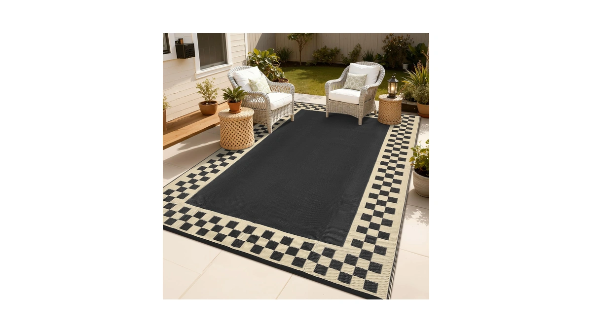 Outdoor Rug 8x10 Waterproof Patio Rugs Modern Checkered Reversible Mat
