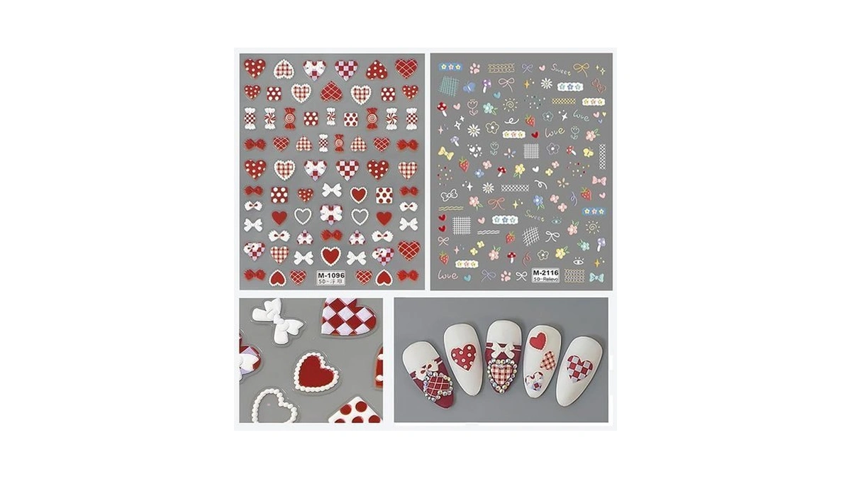 2 Sheets Red Heart Nail Stickers 5d Embossed Flower Nail