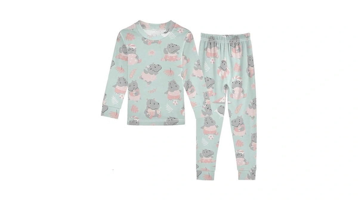 Slhkpns Cute Hippo Seamless Pattern Pajama Sets Long Sleeve Underwear