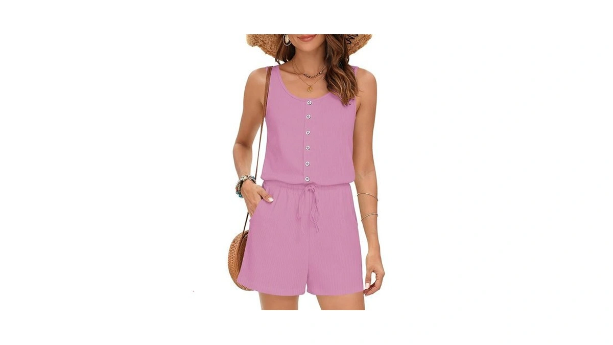 Misfay Women Sleeveless Romper Button Scoop Neck Jumpsuit Pocket Mv