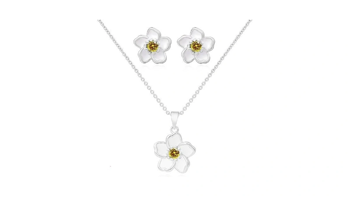 Kynox Flower Necklace Earrings Set For Women 14k Gold Plated