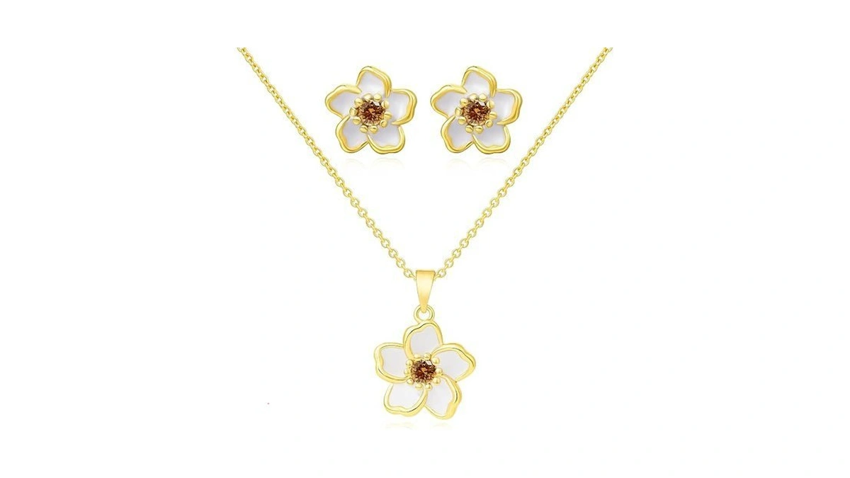 Kynox Flower Necklace Earrings Set For Women 14k Gold Plated