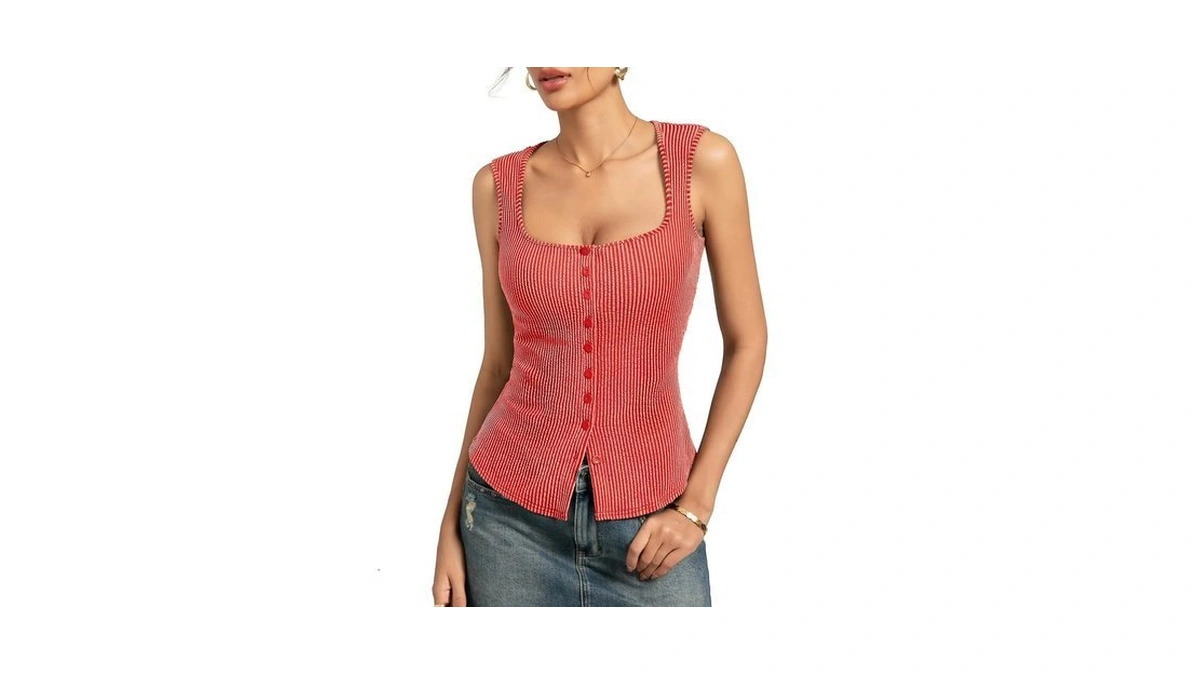 Red Ribbed Knit Tank Tops For Women, Button Down Square