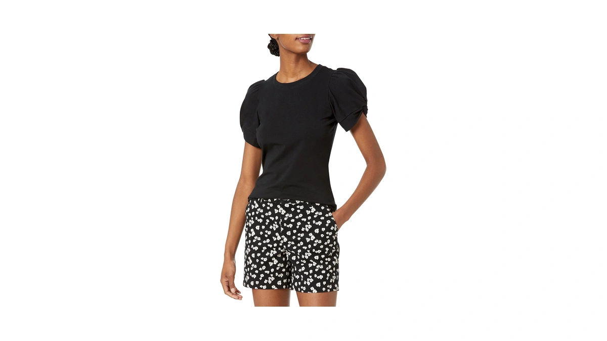Amazon Essentials Women's Regular-fit Twist Puff Sleeve Crewneck T-shirt, Black,