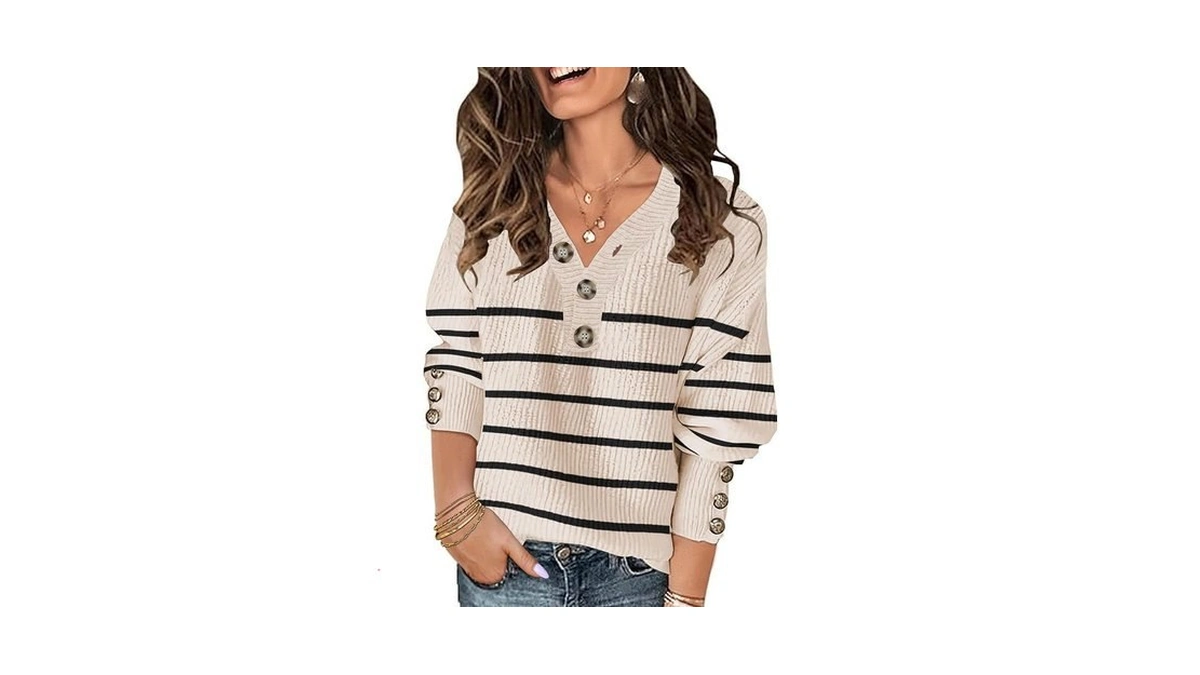 Soesdemo Womens Oversized Sweater Striped Warm Cozy Chunky Soft Knitted