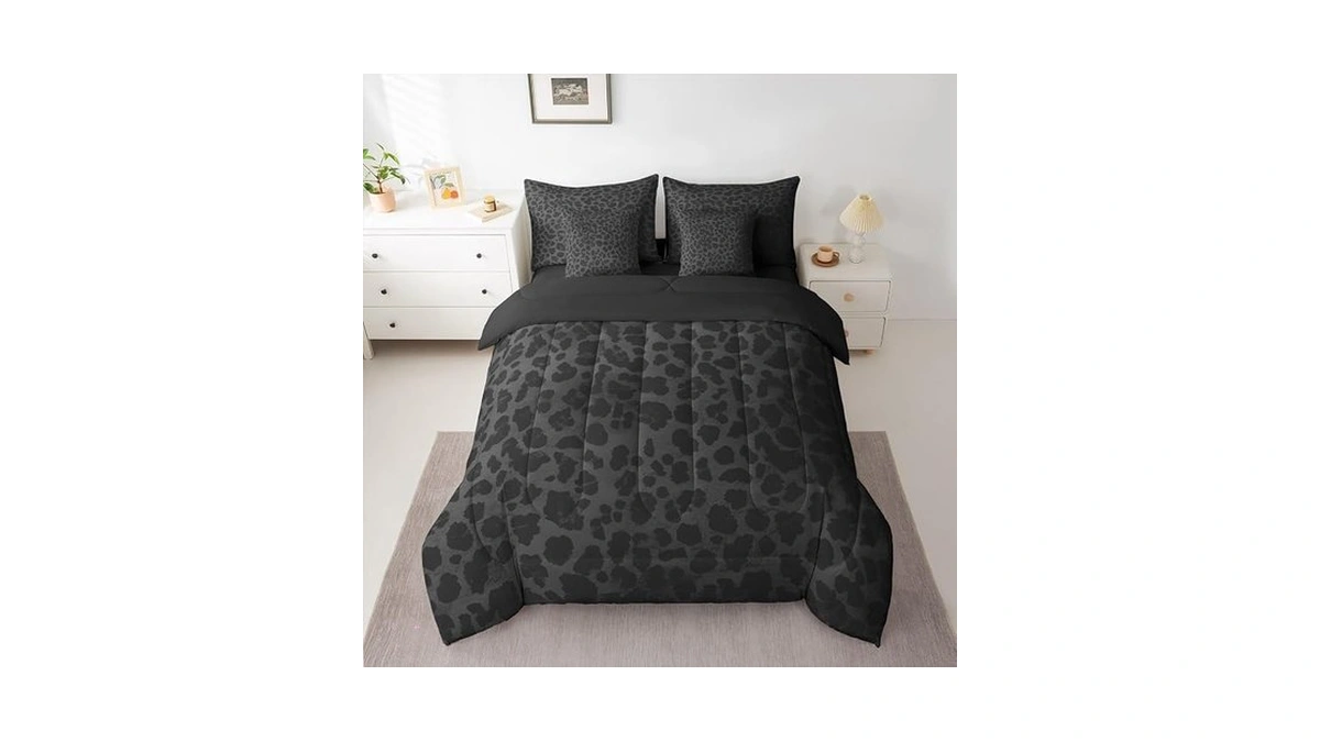 Feelyou Dark Black Leopard Comforter Set With Sheets 7 Piece