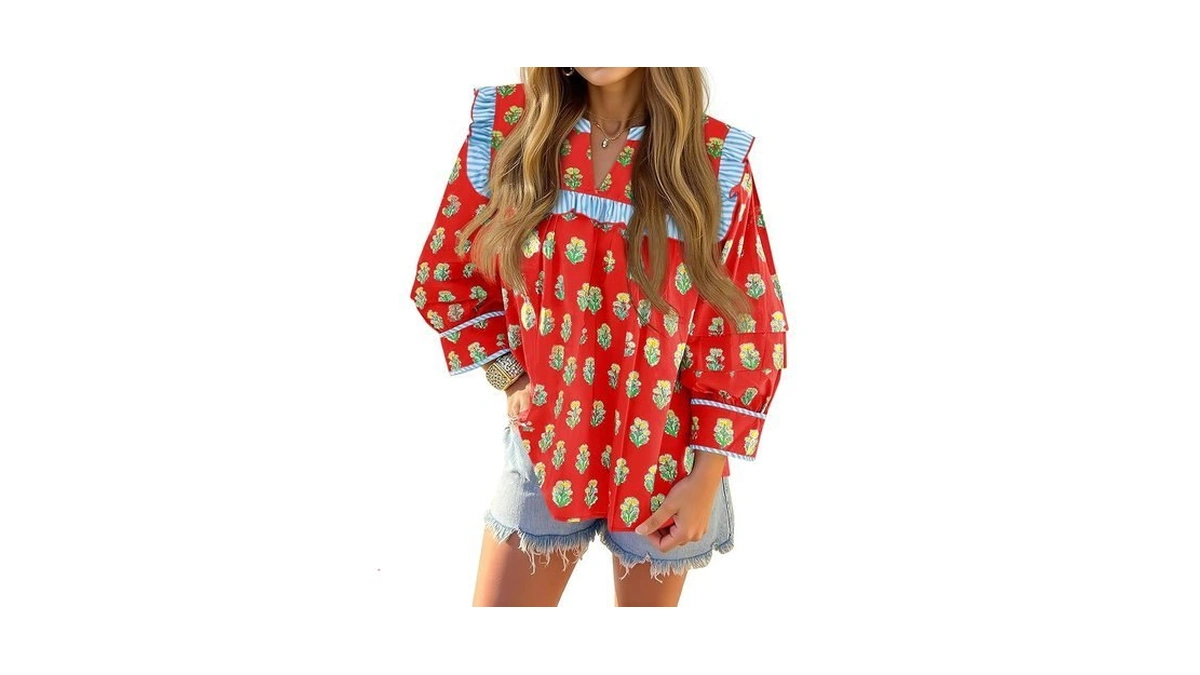 Tankaneo Womens Floral Babydoll Blouse Puff Sleeve Peplum Tops Casual