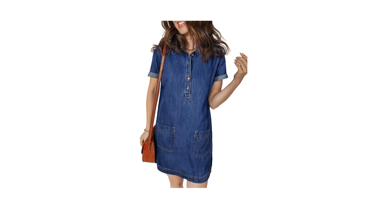 Sidefeel Women Denim Dress Short Sleeve Collared Button Down Casual