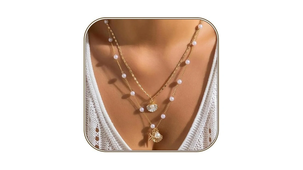Shell Starfish Necklace For Women, 14k Gold Plated Boho Layered