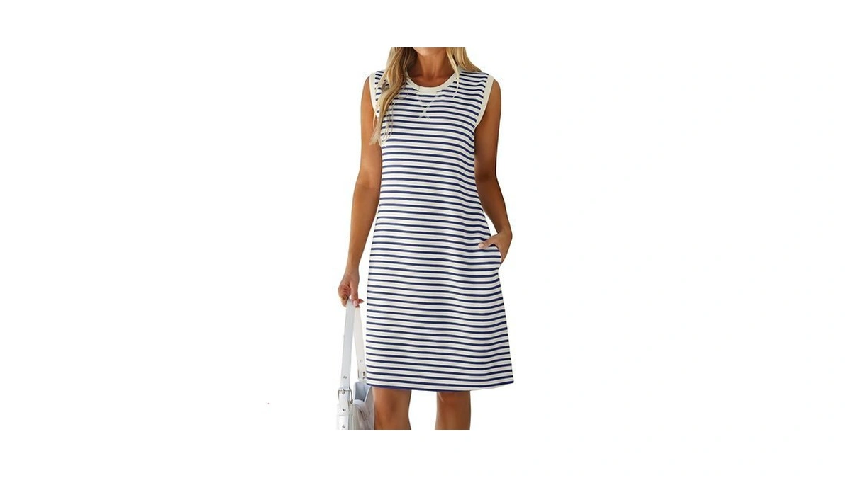 Glamaker Womens Summer Tshirt Dresses - Casual Sleeveless Striped Shift